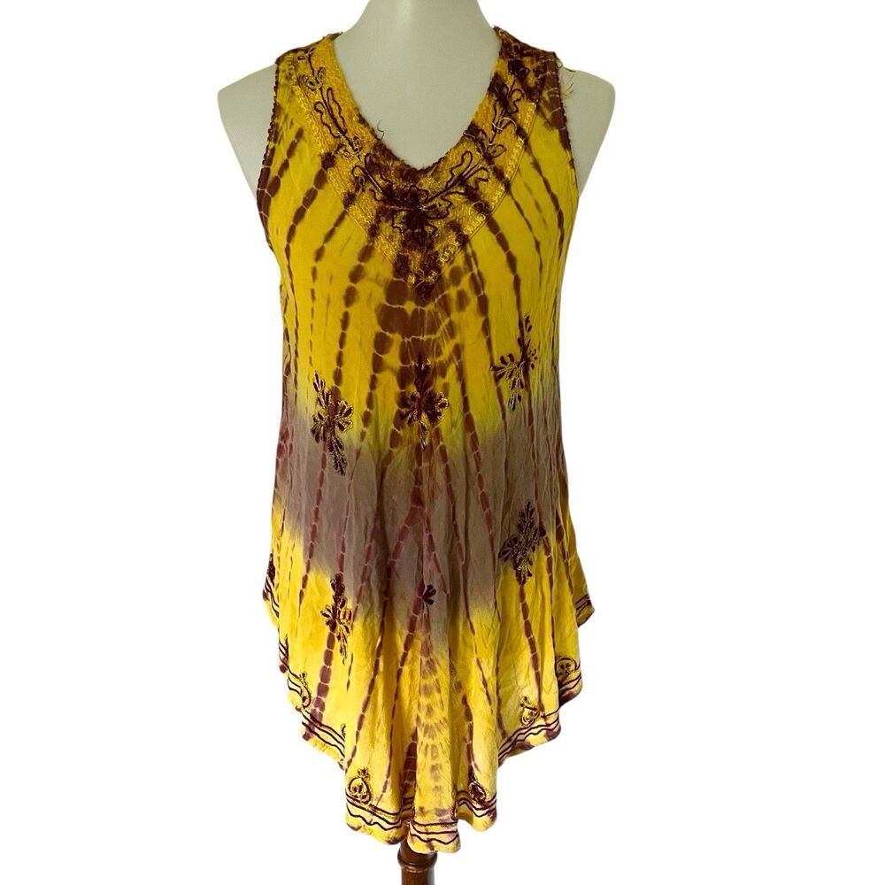 Vtg Jessica Taylor Brown Yellow Tie Dye Boho Hippie Top Blouse Shirt 2X Rayon